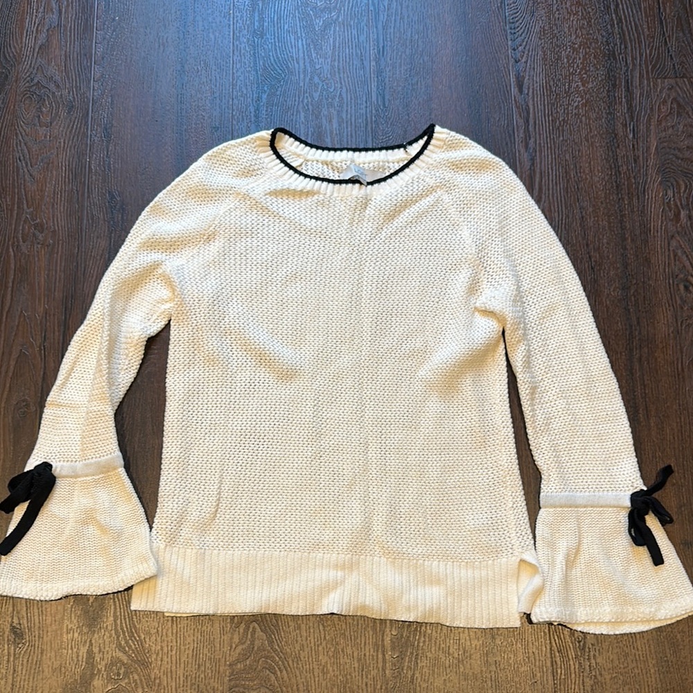 Loft Cream Knit Sweater with Black Trim Bows